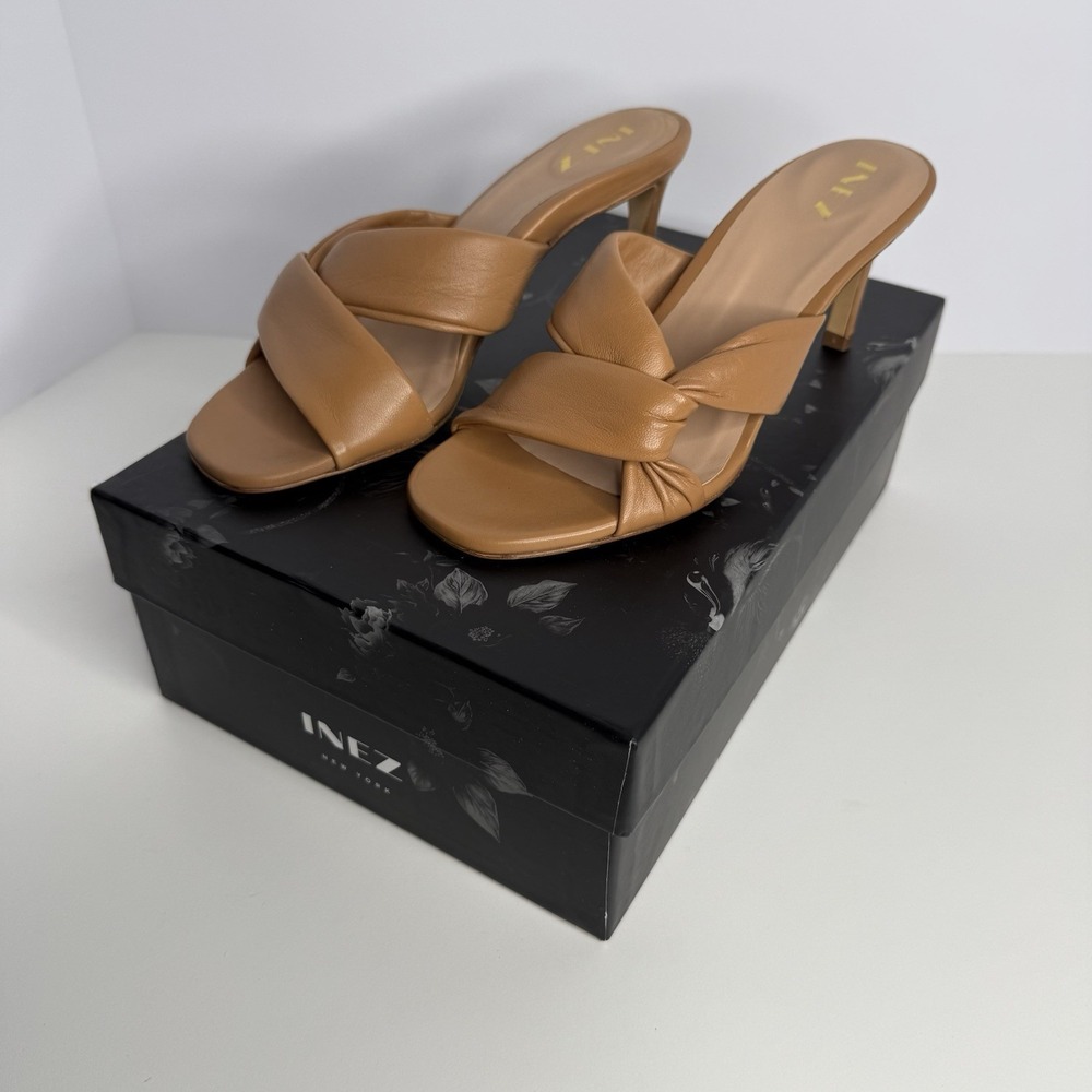 Inez Isa Sandals Cognac Nappa Leather Heels Womens 6.5M Tan Spain Slip On